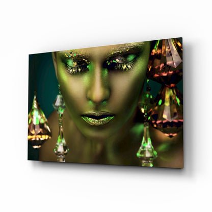 Crystal Gold Woman Glass Wall Art - jewel-tone editorial portrait
