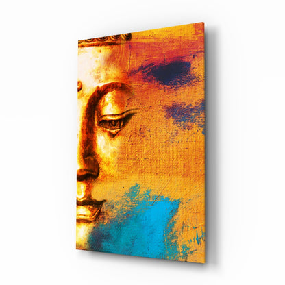 Golden turquoise Buddha glass wall art, half gold face with turquoise brushwork