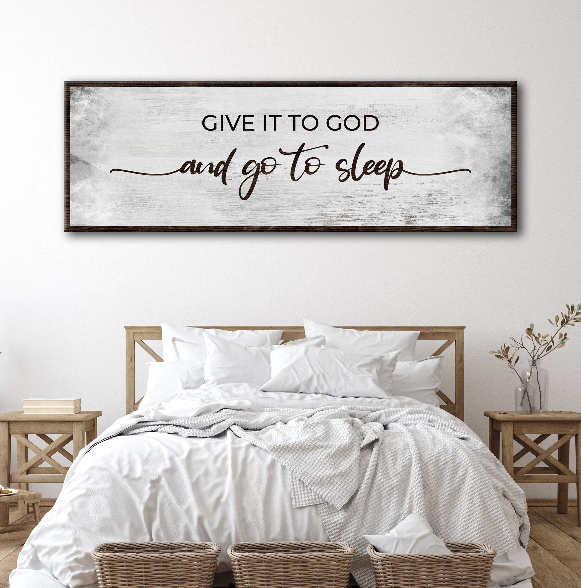 Give It to God and Go to Sleep grunge canvas wall art in grey and copper for bedrooms