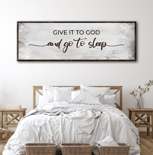 Give It to God and Go to Sleep grunge canvas wall art in grey and copper for bedrooms