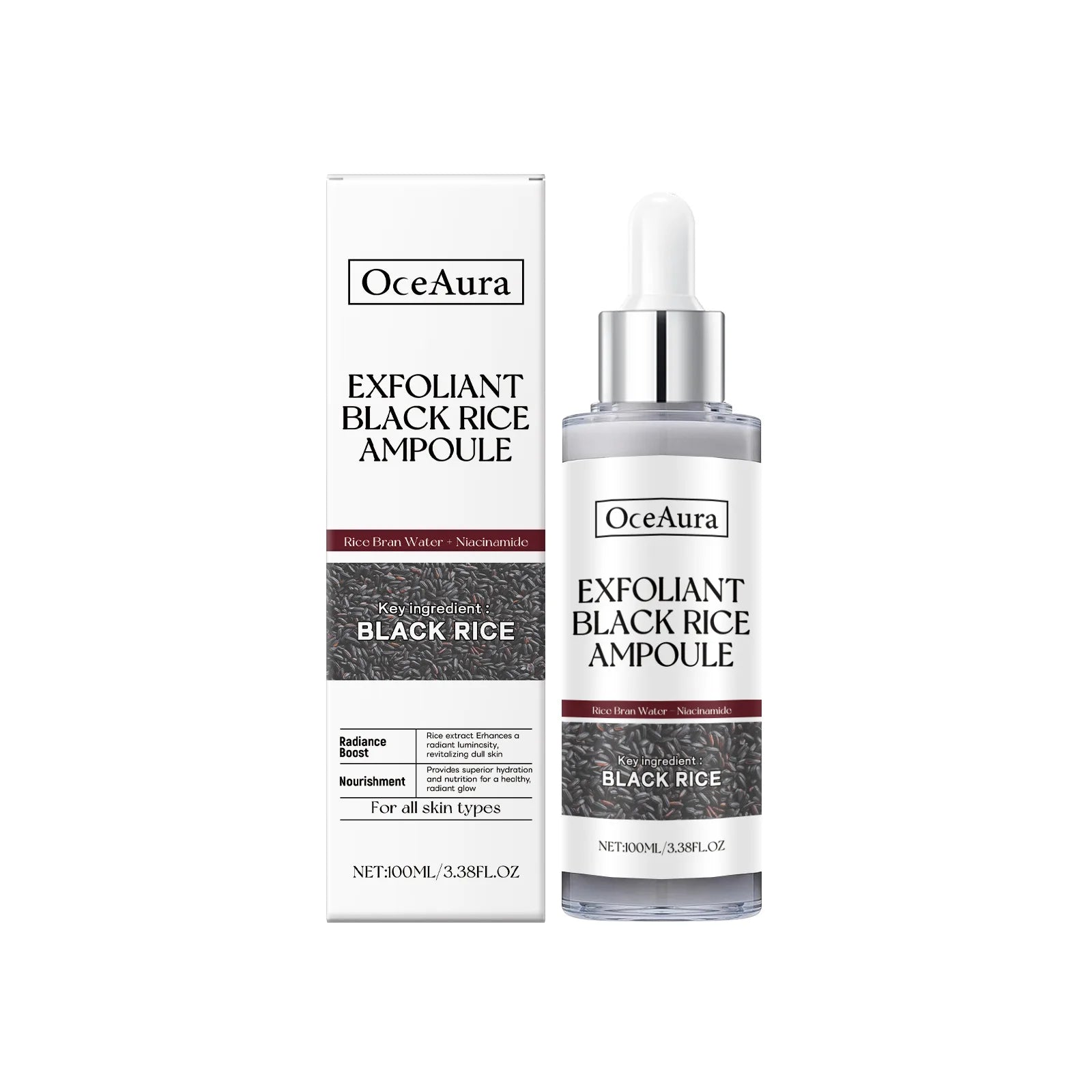 OceAura Exfoliant Black Rice Ampoule bottle and packaging on a white background