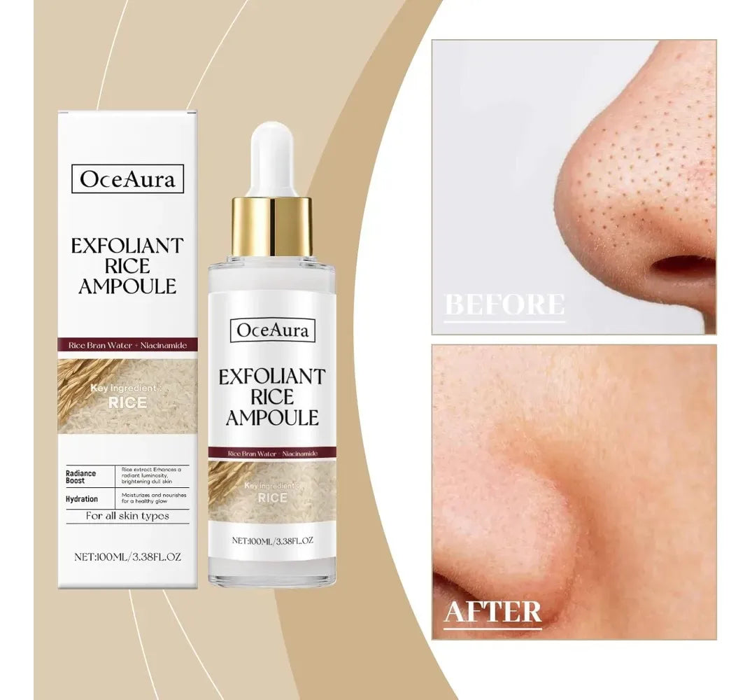 OceAura Exfoliant Rice Ampoule with packaging and before-and-after skin comparison on a beige background