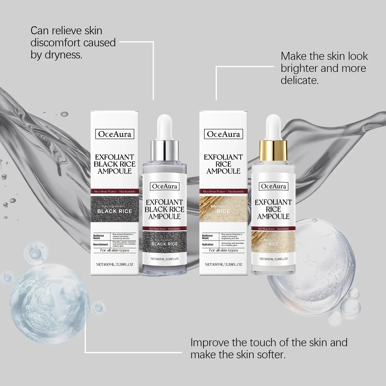 OceAura exfoliant rice ampoule products with text highlighting benefits on a gray background