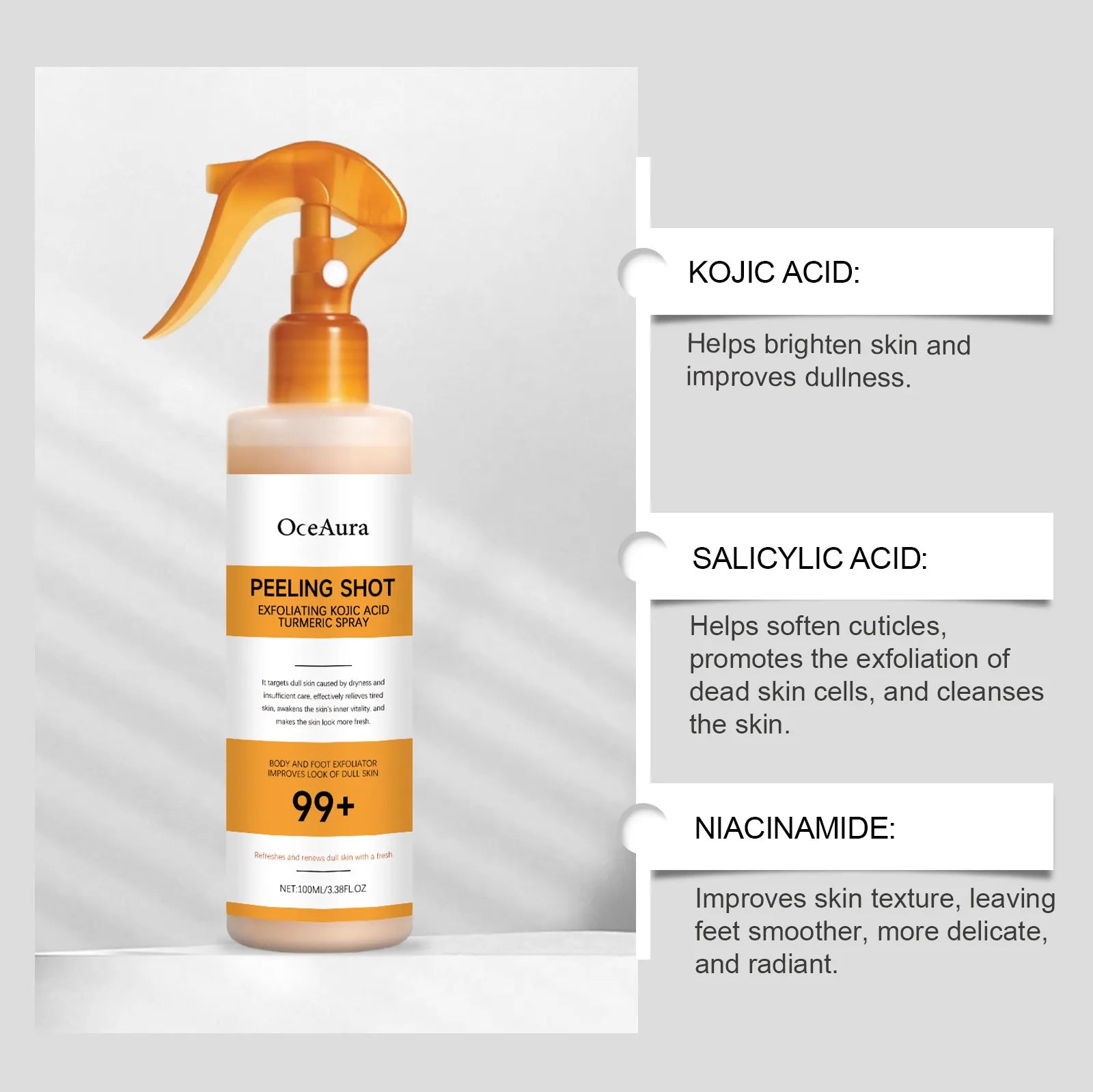 OceAura peeling shot exfoliating kojic acid tumeric spray with ingredients listed on a gray background
