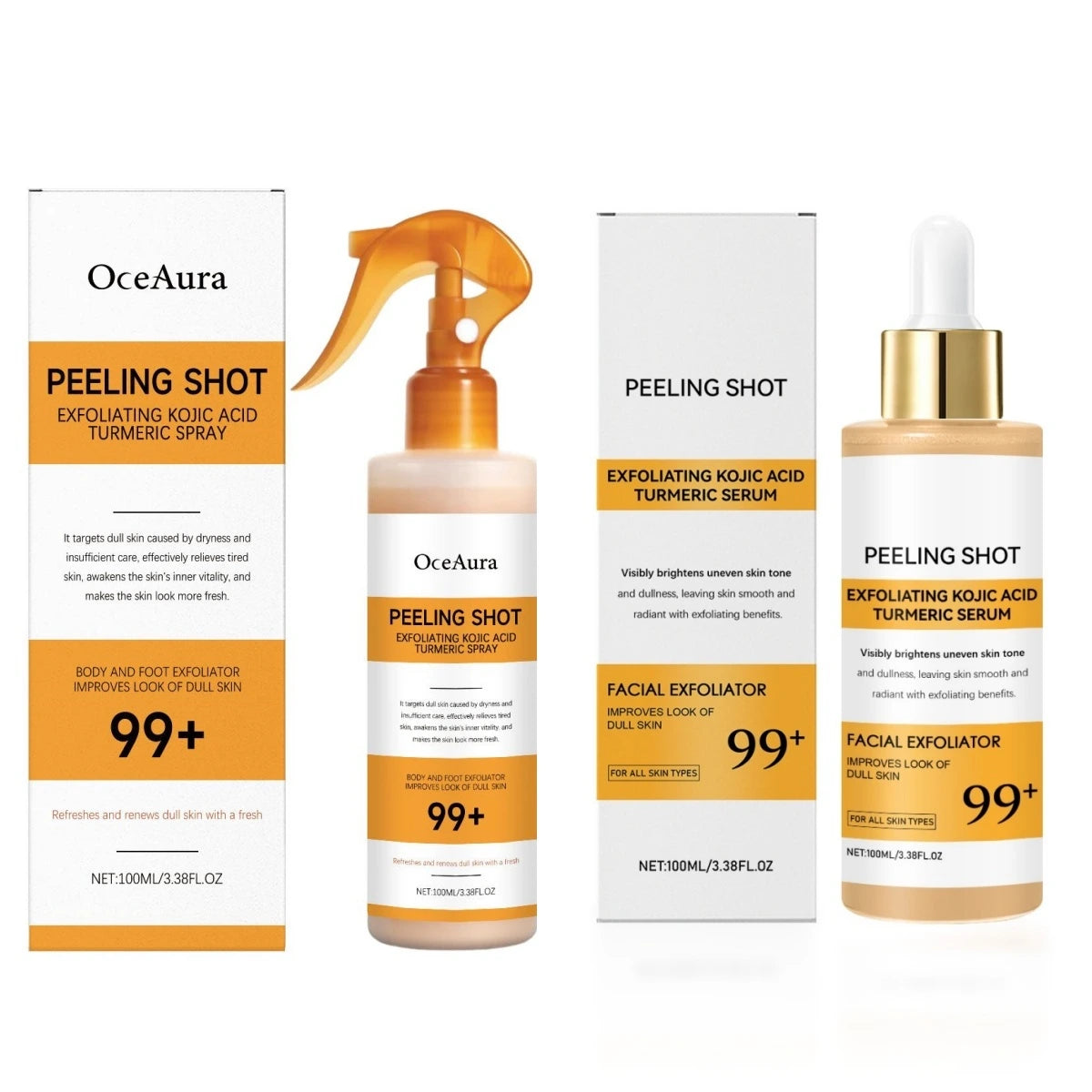 OceAura skincare peeling shot exfoliating kojic acid tumeric including spray and serum on a white background
