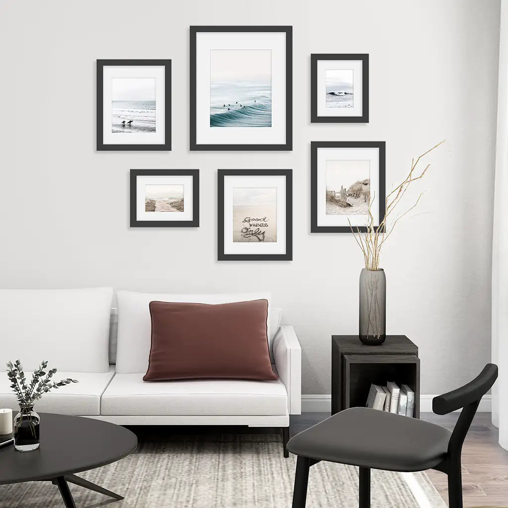 Six-piece beige and blue coastal beach gallery wall set