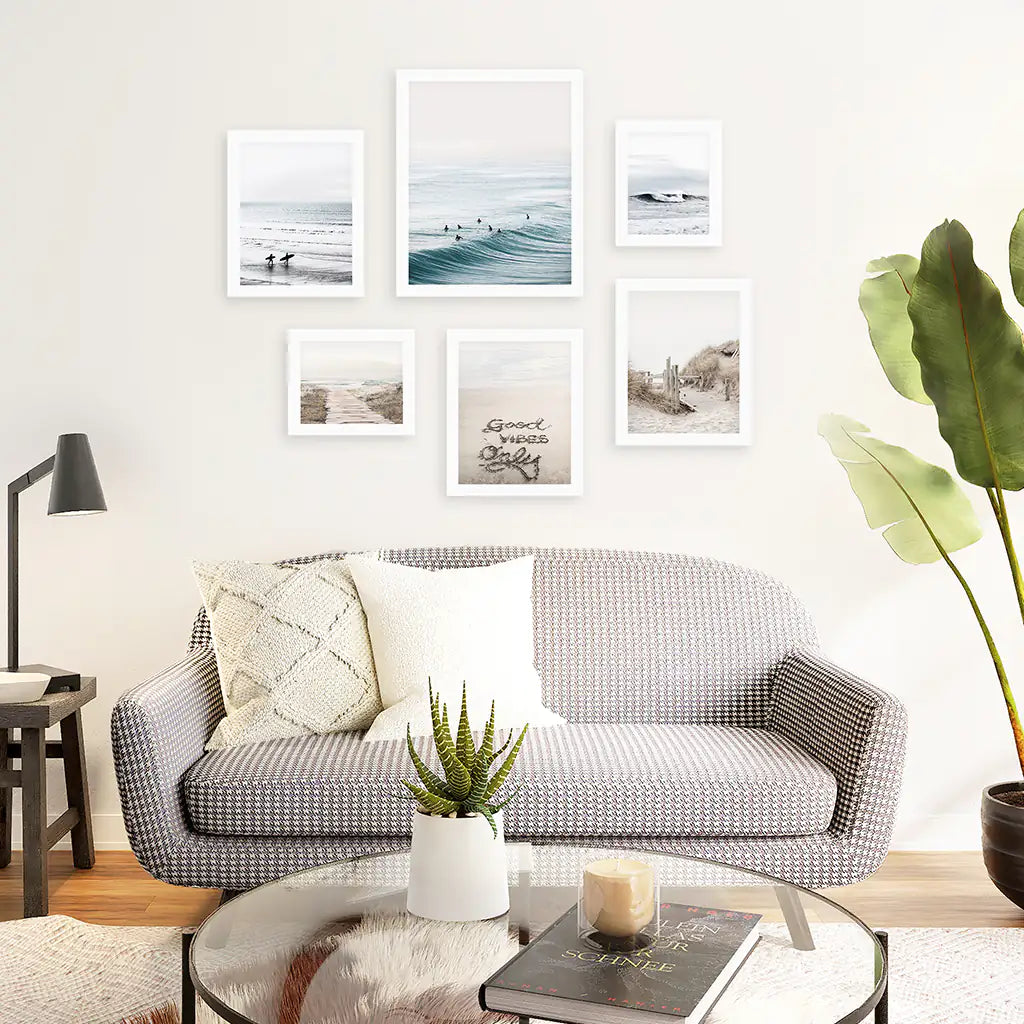 Coastal Gallery Wall Set of 6. Beige Blue Beach Prints