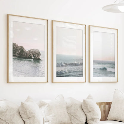 Pink Ocean Sunset Wall Art Set, Coastal Rock and Waves