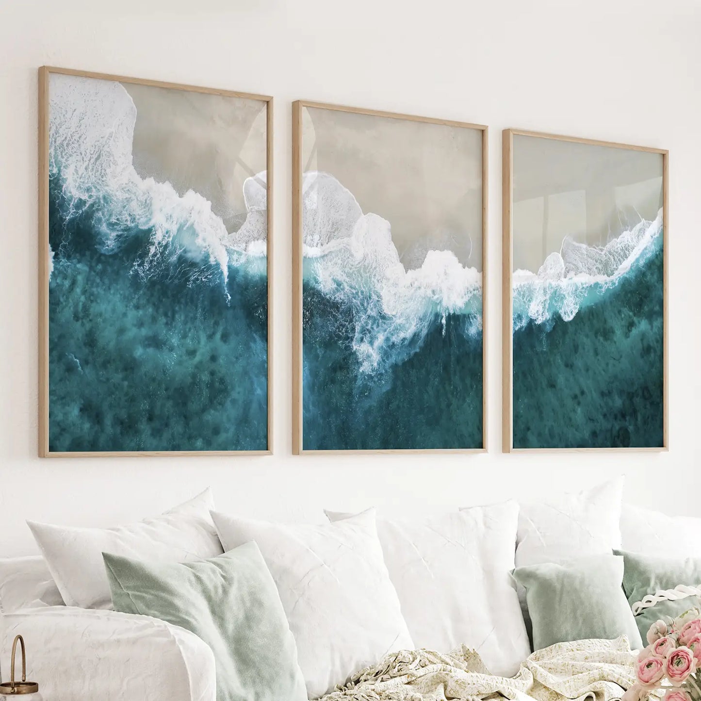 Set of 3 aerial coastal prints with turquoise waves and sandy beaches