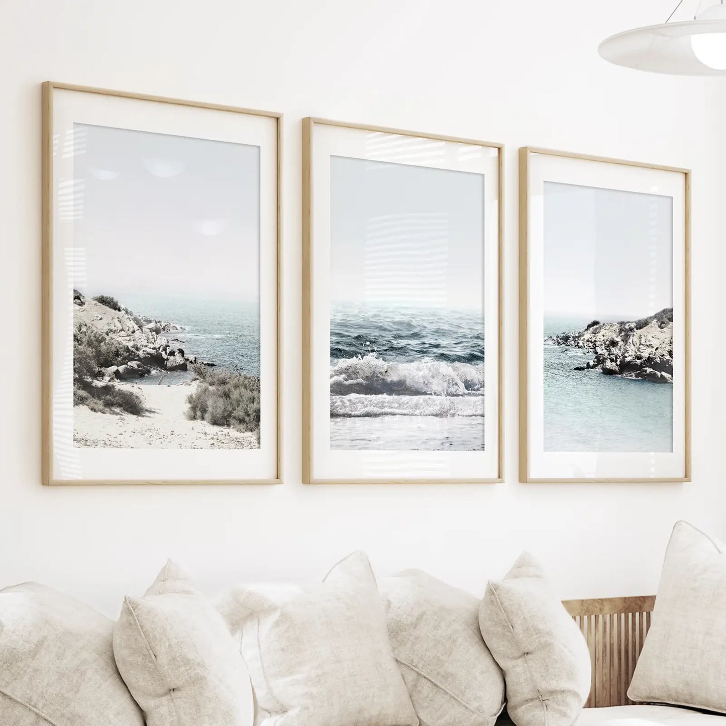Blue Seascape Wall Art Set of 3. Ocean Waves, Rocky Beach