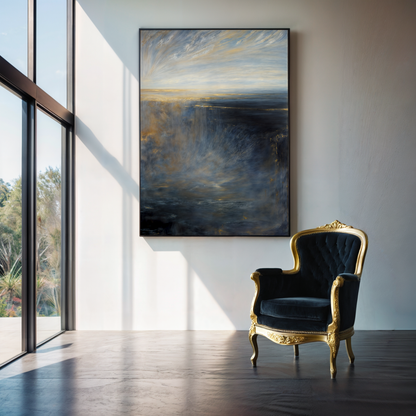 Oceans Lament coastal abstract canvas wall art in ocean blue and earthy tones