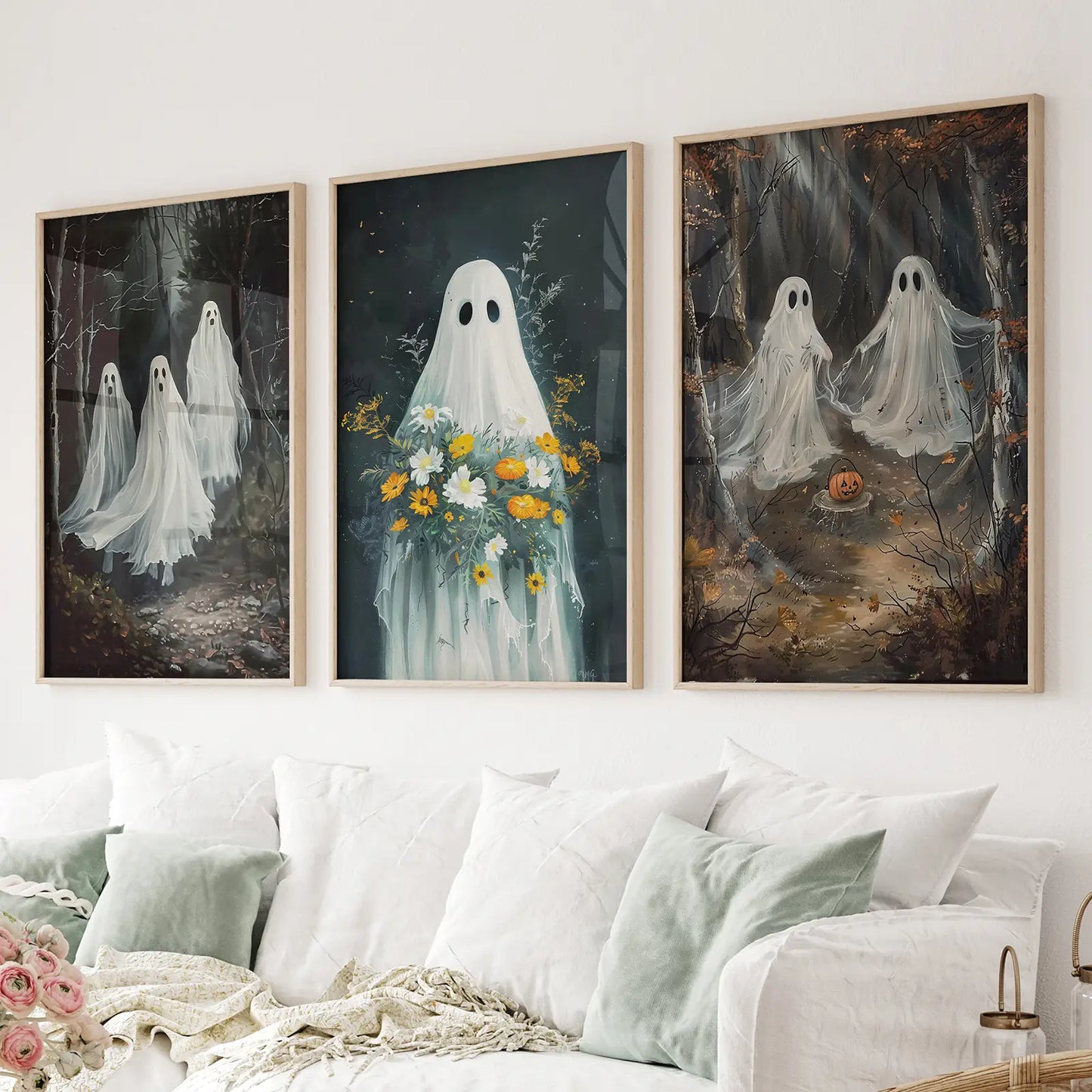 Halloween Ghosts in the Forest Wall Art Set of 3