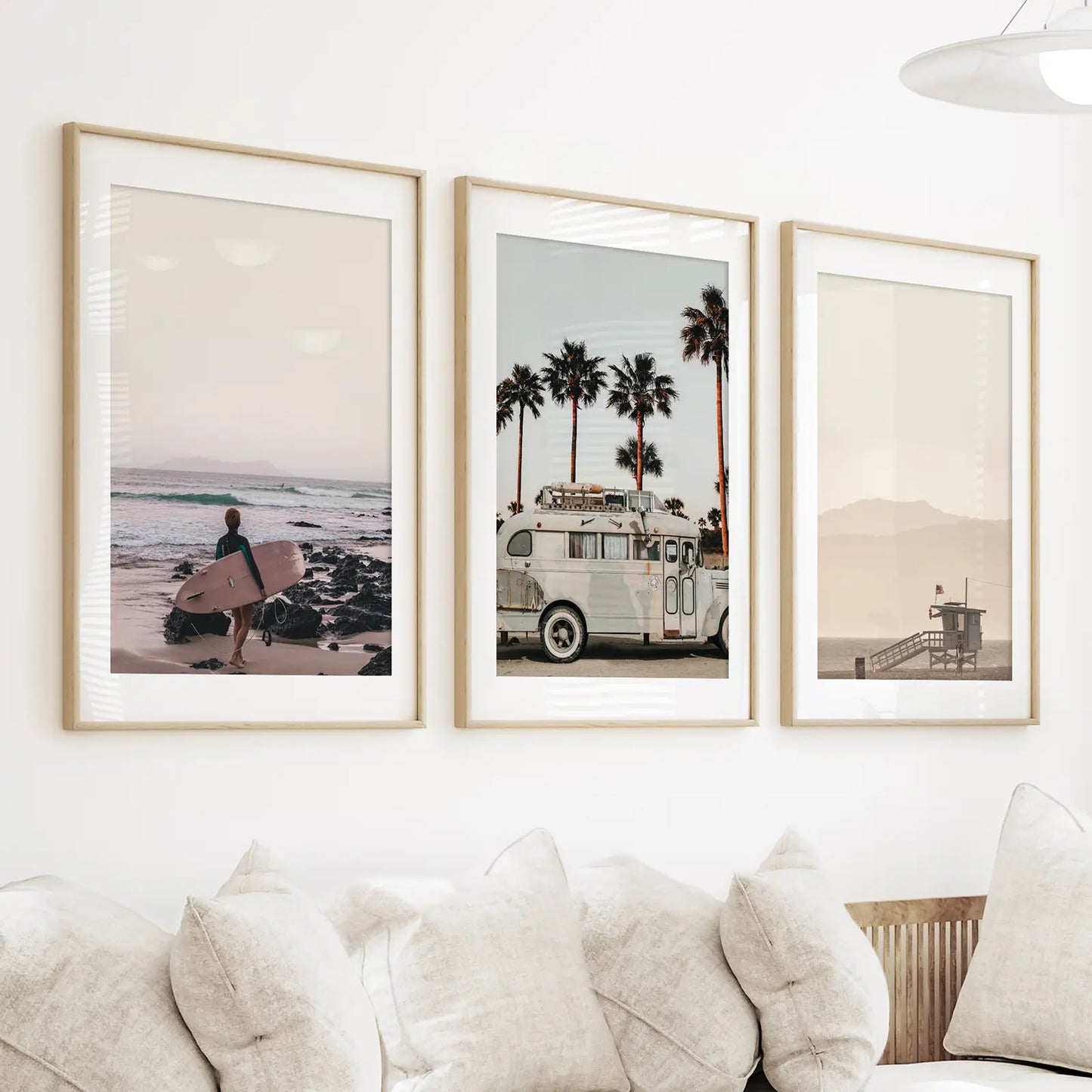 Beige Surf Coastal Wall Art Set of 3 - Surfboard, Ocean, Lifeguard