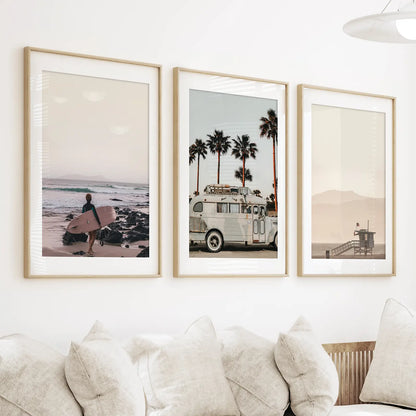 Beige Surf Coastal Wall Art Set of 3 - Surfboard, Ocean, Lifeguard