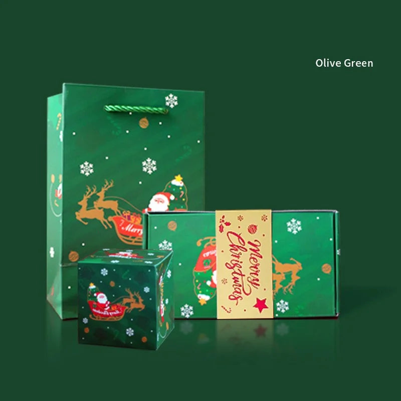 Olive-green Christmas gift bag with Santa and reindeer print displayed with matching holiday boxes