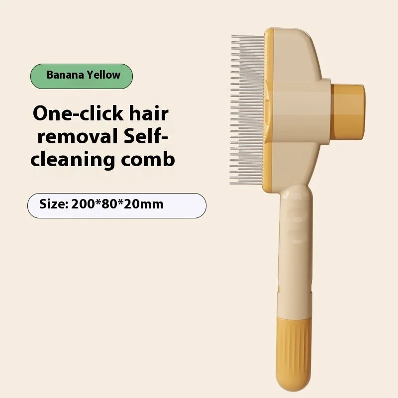 One-click hair removal self-cleaning comb with banana yellow handle and beige head on a beige background.
