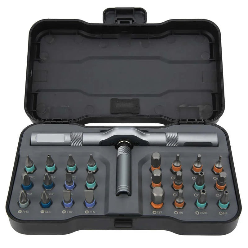 Open plastic case displaying ratchet screwdriver and full 24-piece bit set
