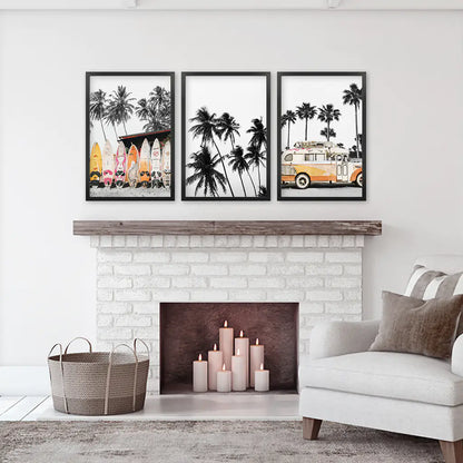 Black and Orange Surf Wall Art Set, 3 Piece Beach Prints