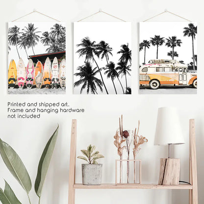 Black and Orange Surf Wall Art Set, 3 Piece Beach Prints