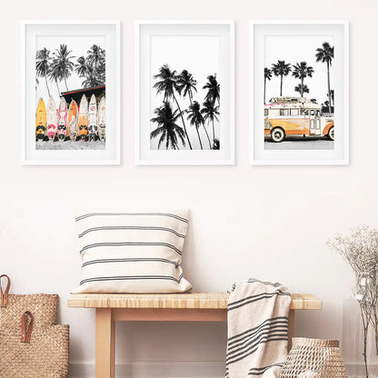 Black and Orange Surf Wall Art Set, 3 Piece Beach Prints