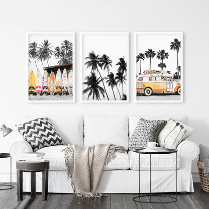 Black and Orange Surf Wall Art Set, 3 Piece Beach Prints