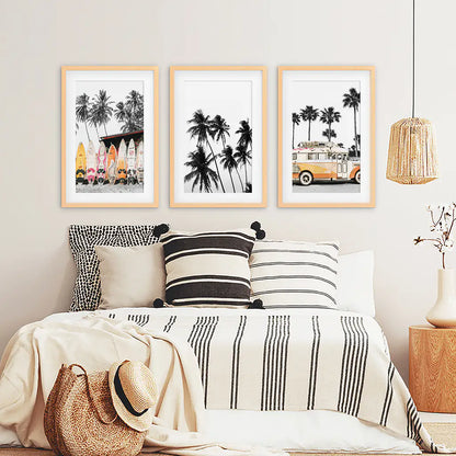 Black and Orange Surf Wall Art Set, 3 Piece Beach Prints