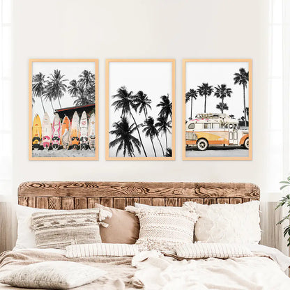 Black and Orange Surf Wall Art Set, 3 Piece Beach Prints