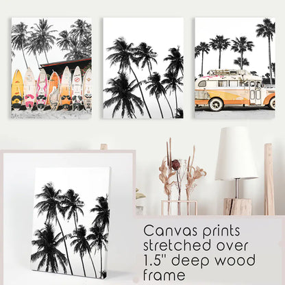 Black and Orange Surf Wall Art Set, 3 Piece Beach Prints