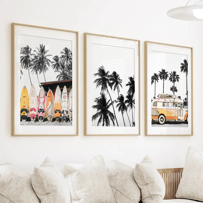 Black and Orange Surf Wall Art Set, 3 Piece Beach Prints