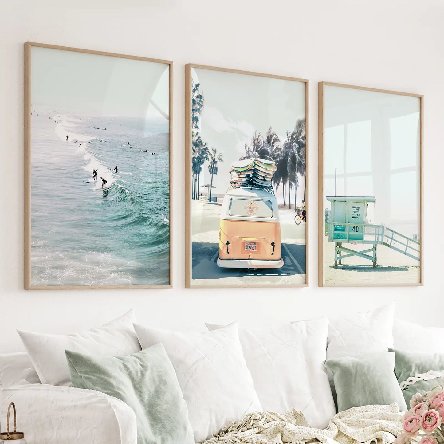 Set of 3 California surf prints with surfers, yellow van, and lifeguard tower