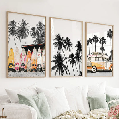 Black and orange surf wall art set of 3 with surf bus, palms, and surfboards
