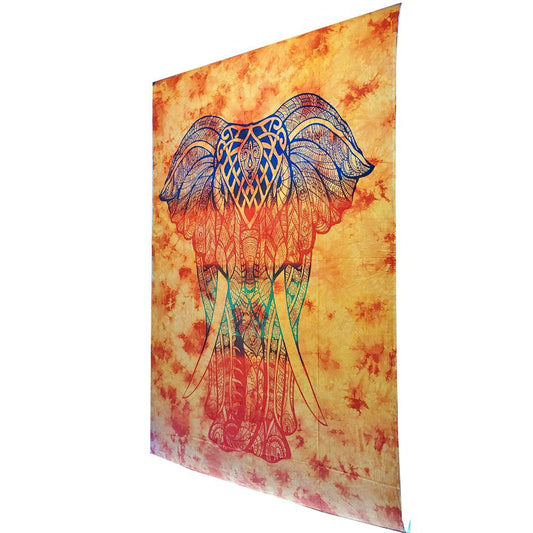 Cotton tie-dye elephant tapestry in warm psychedelic tones, boho wall hanging