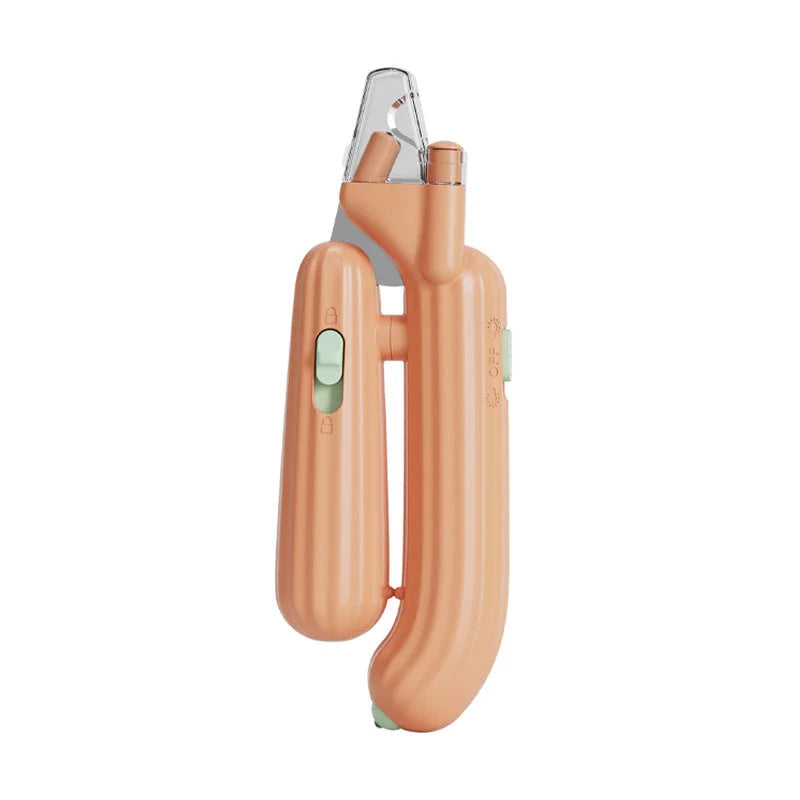 Orange LED pet nail clipper shown upright with clear nail guard.