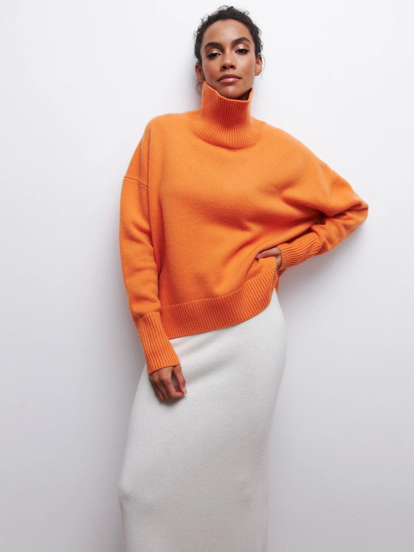 Orange oversized turtleneck sweater women vibrant chunky knit relaxed fit
