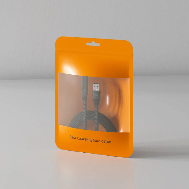 Orange retail package for fast charging data cable with transparent window showing braided cable