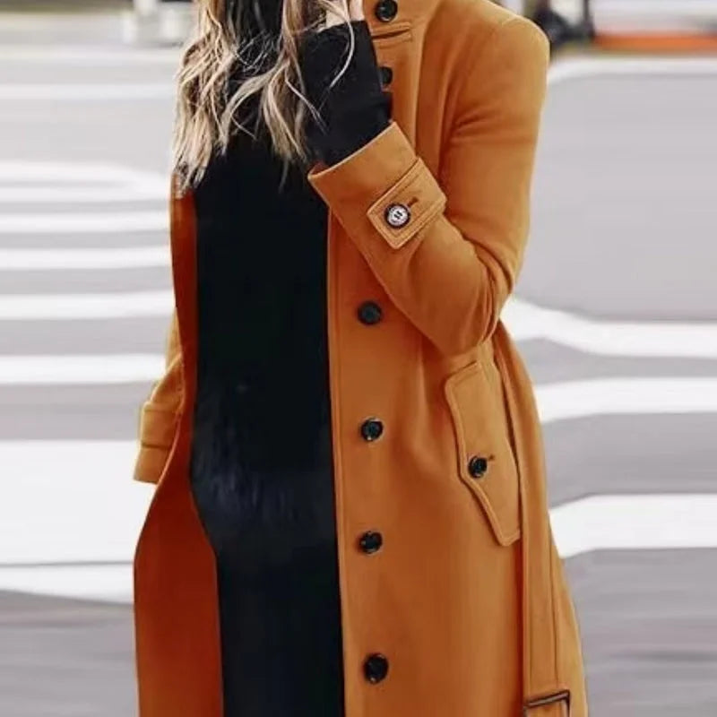 Orange women's woolen coat slim fit button front autumn winter outerwear