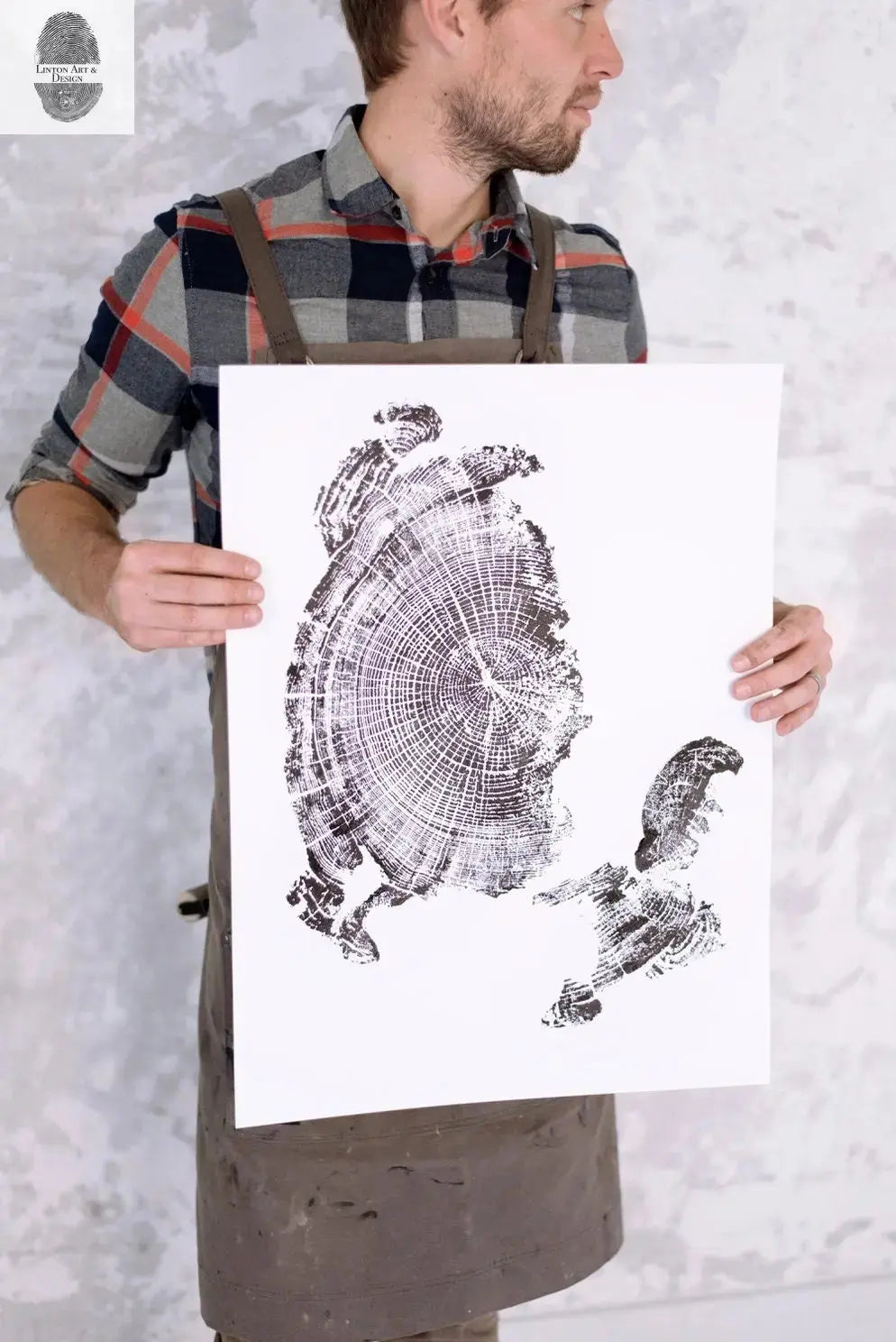 Oregon coast driftwood tree ring woodcut print, Cannon Beach