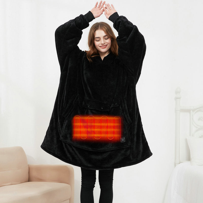 Oversized hood and sleeves on heated wearable blanket
