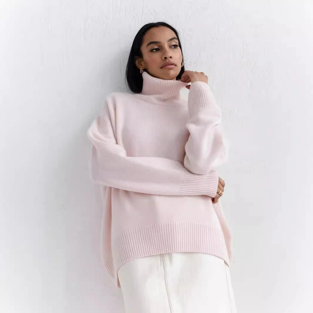 Oversized turtleneck sweater womens soft pink slouchy fit ribbed cuffs casual