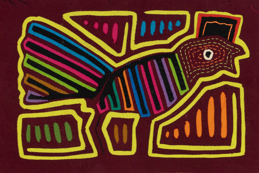 Hand-stitched Panama mola tapestry of a proud rooster, colorful folk-art fabric wall hanging