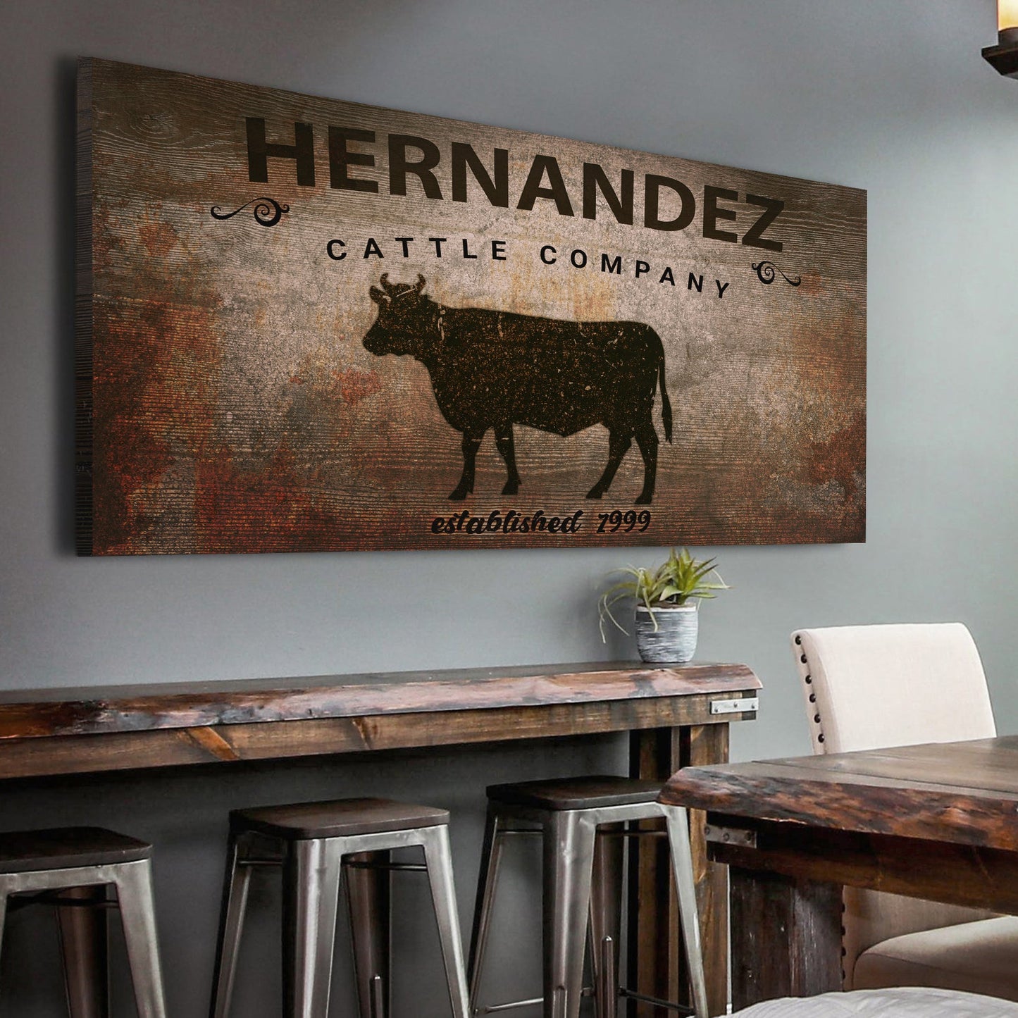 Personalized Cattle Company ranch canvas wall art in a farmhouse