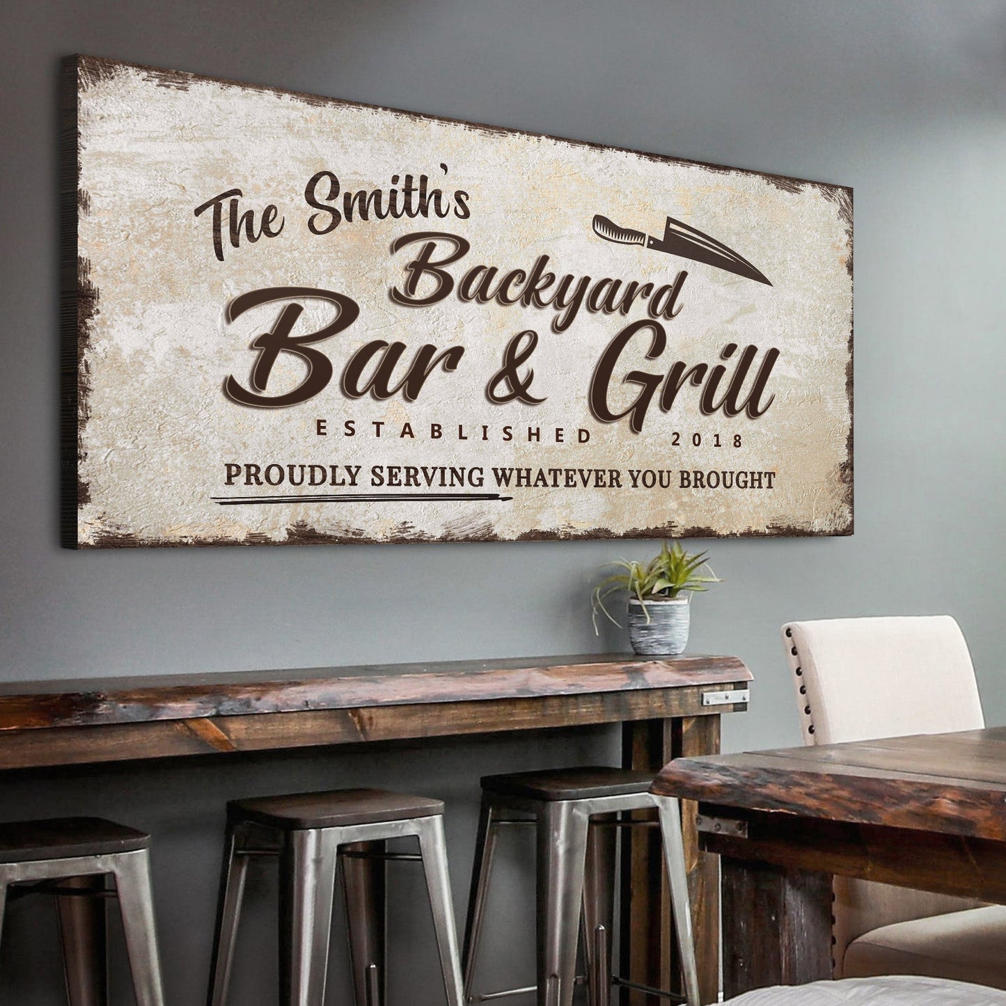 Personalized backyard bar and grill canvas sign with custom family name in rustic lettering
