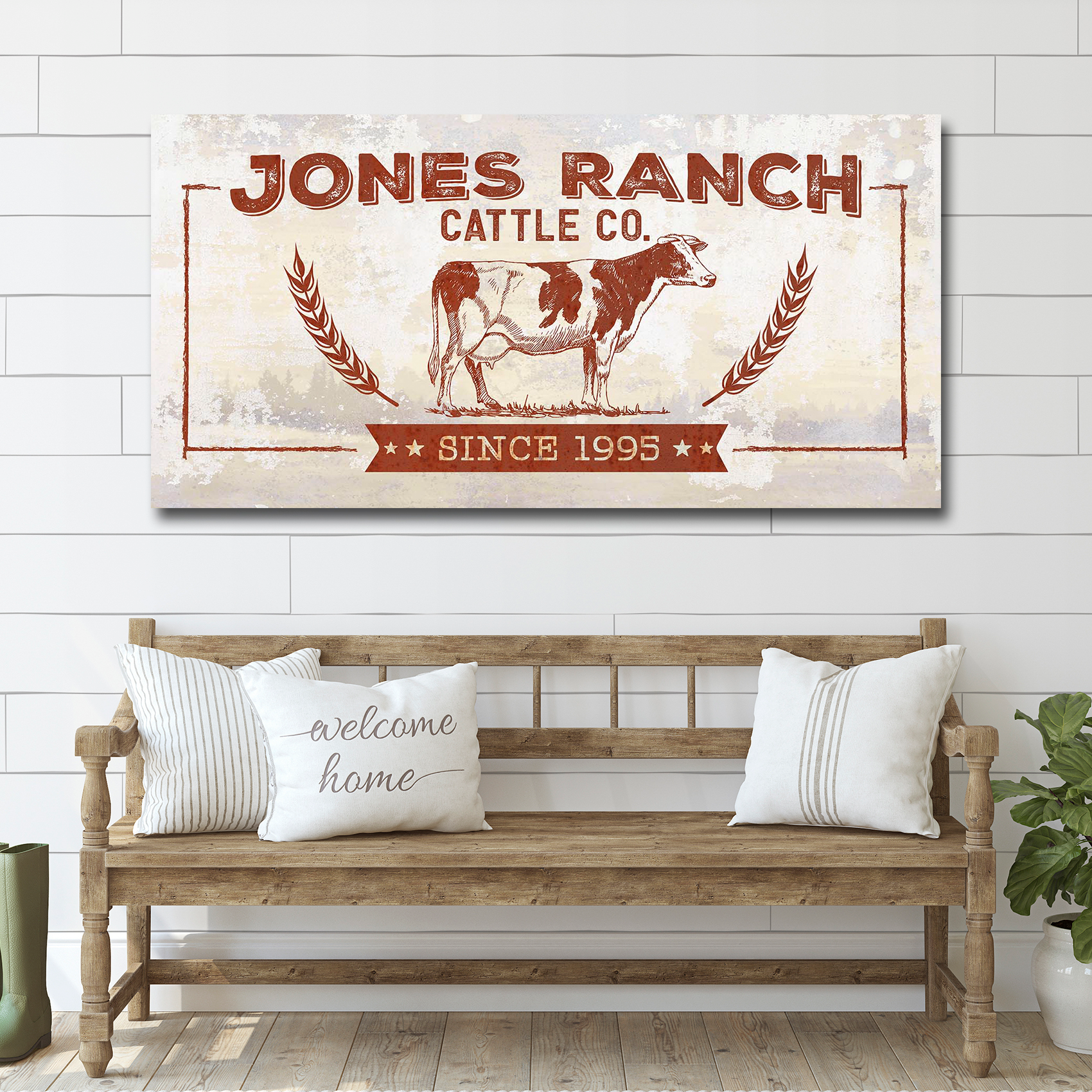 Ranch Cattle Co rustic personalized canvas sign with weathered western lettering