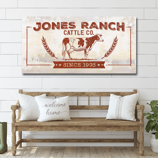 Ranch Cattle Co rustic personalized canvas sign with weathered western lettering