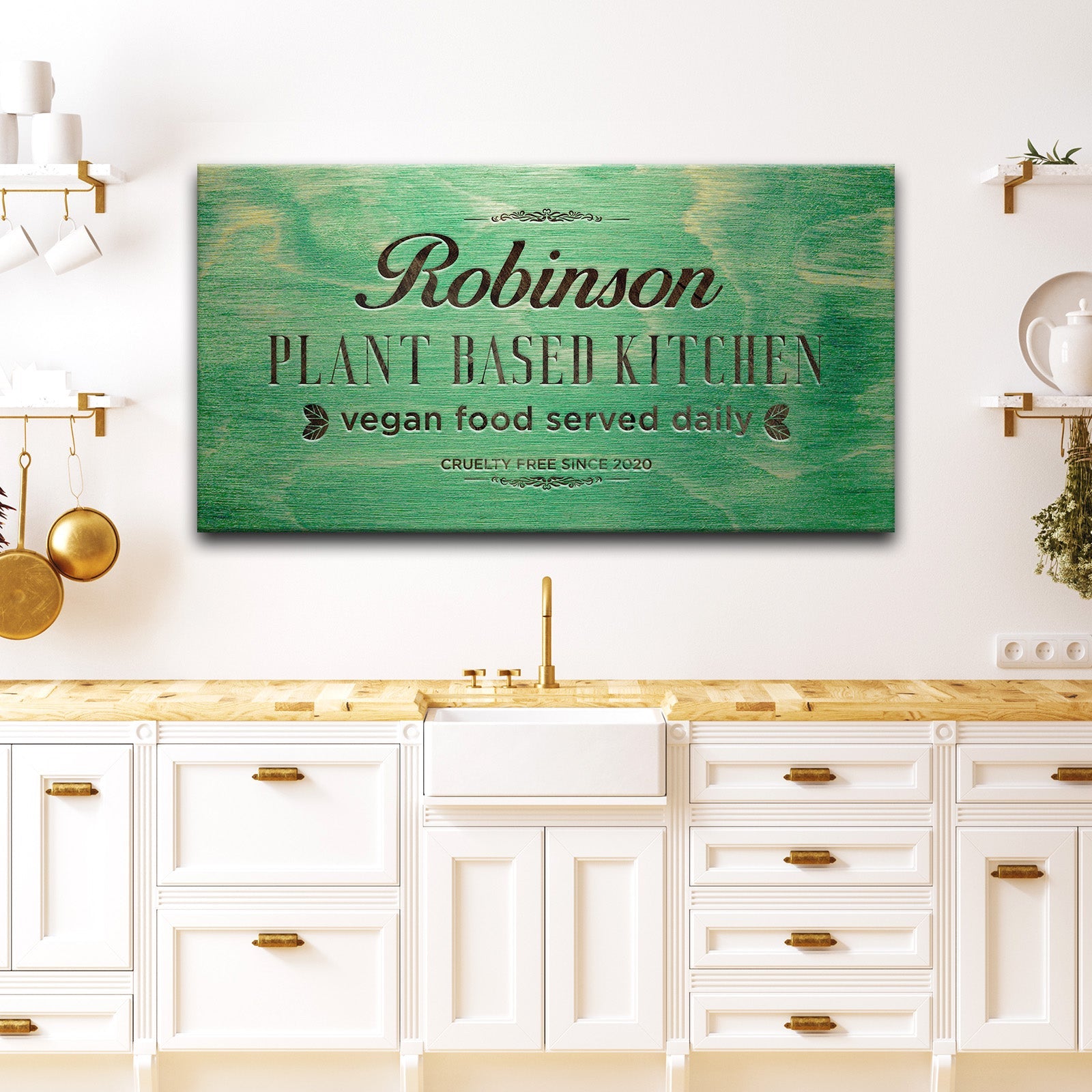 Plant Based Kitchen canvas wall art in a modern kitchen