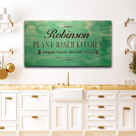 Plant Based Kitchen canvas wall art in a modern kitchen