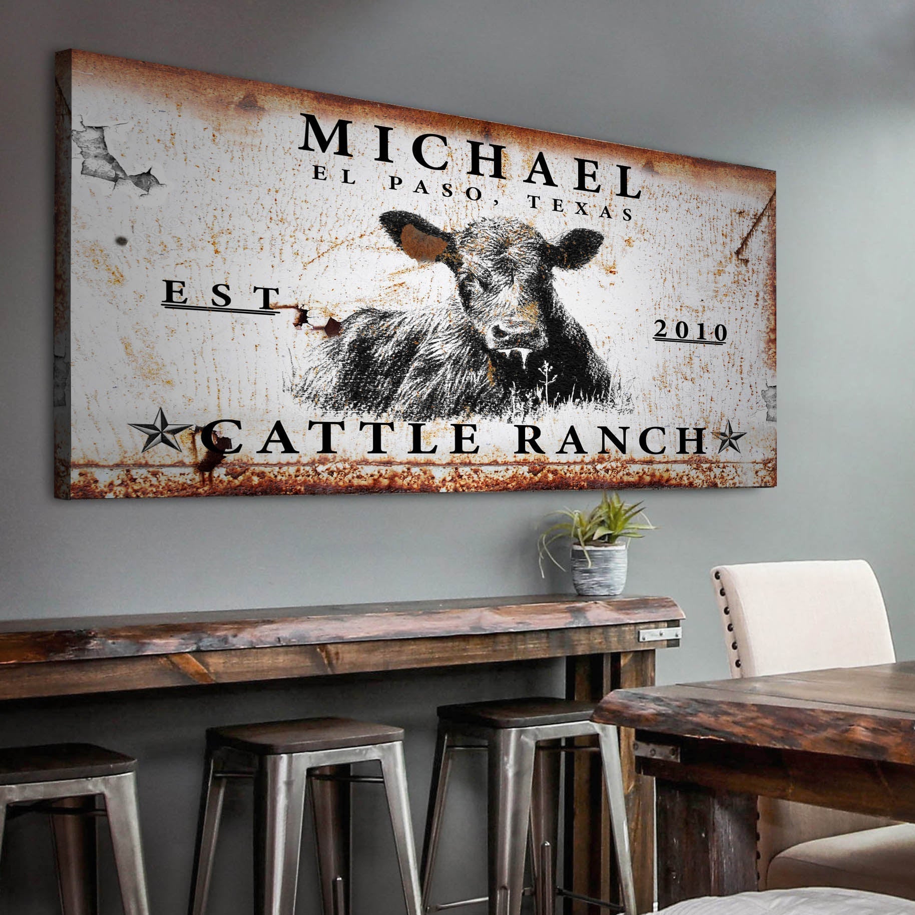 Cattle ranch personalized canvas sign with longhorn and rustic lettering