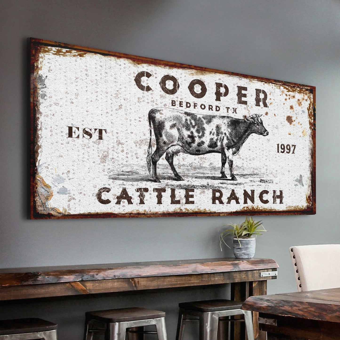 Personalized cattle ranch farmhouse canvas sign with family name and rustic word art