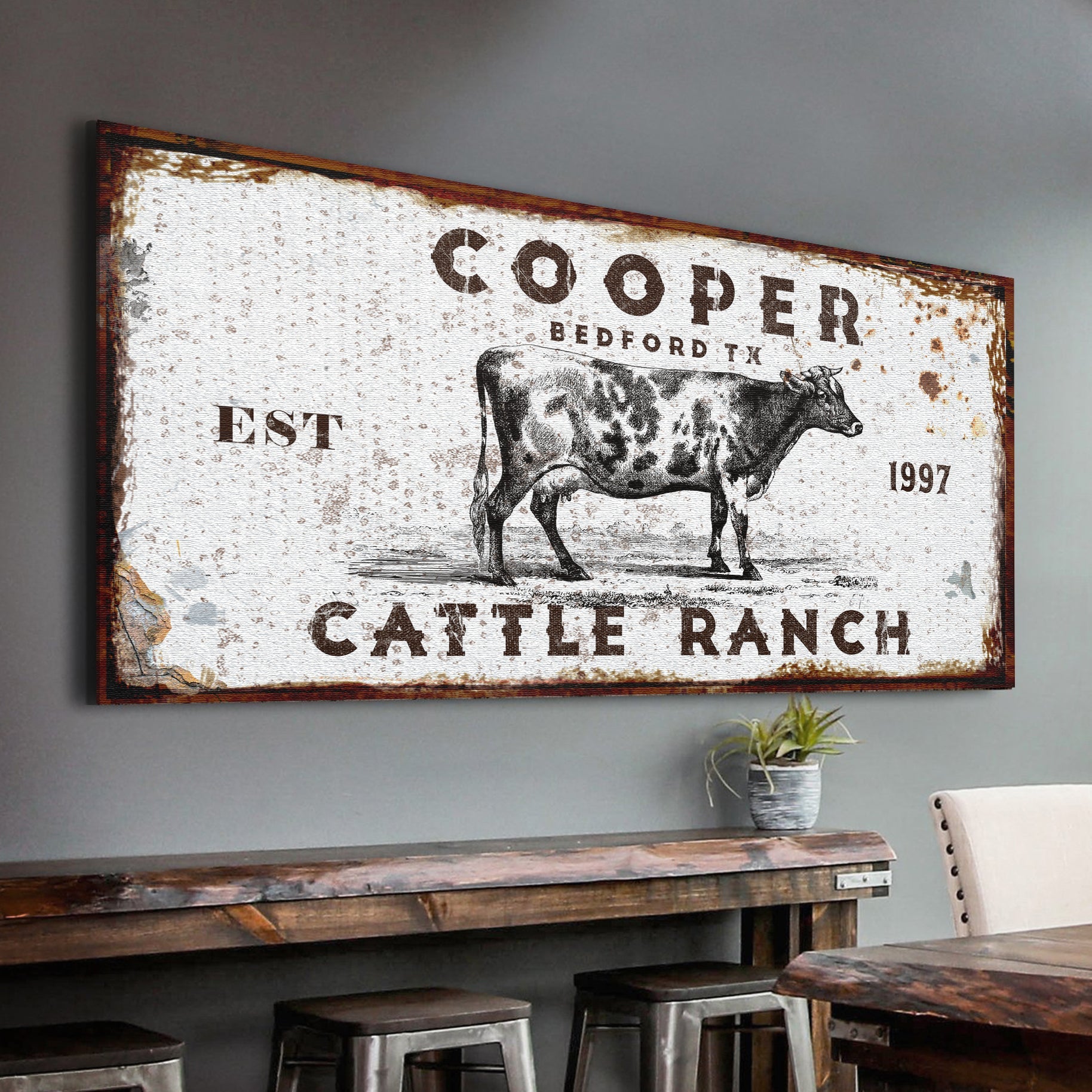 Personalized cattle ranch farmhouse canvas sign with family name and rustic word art