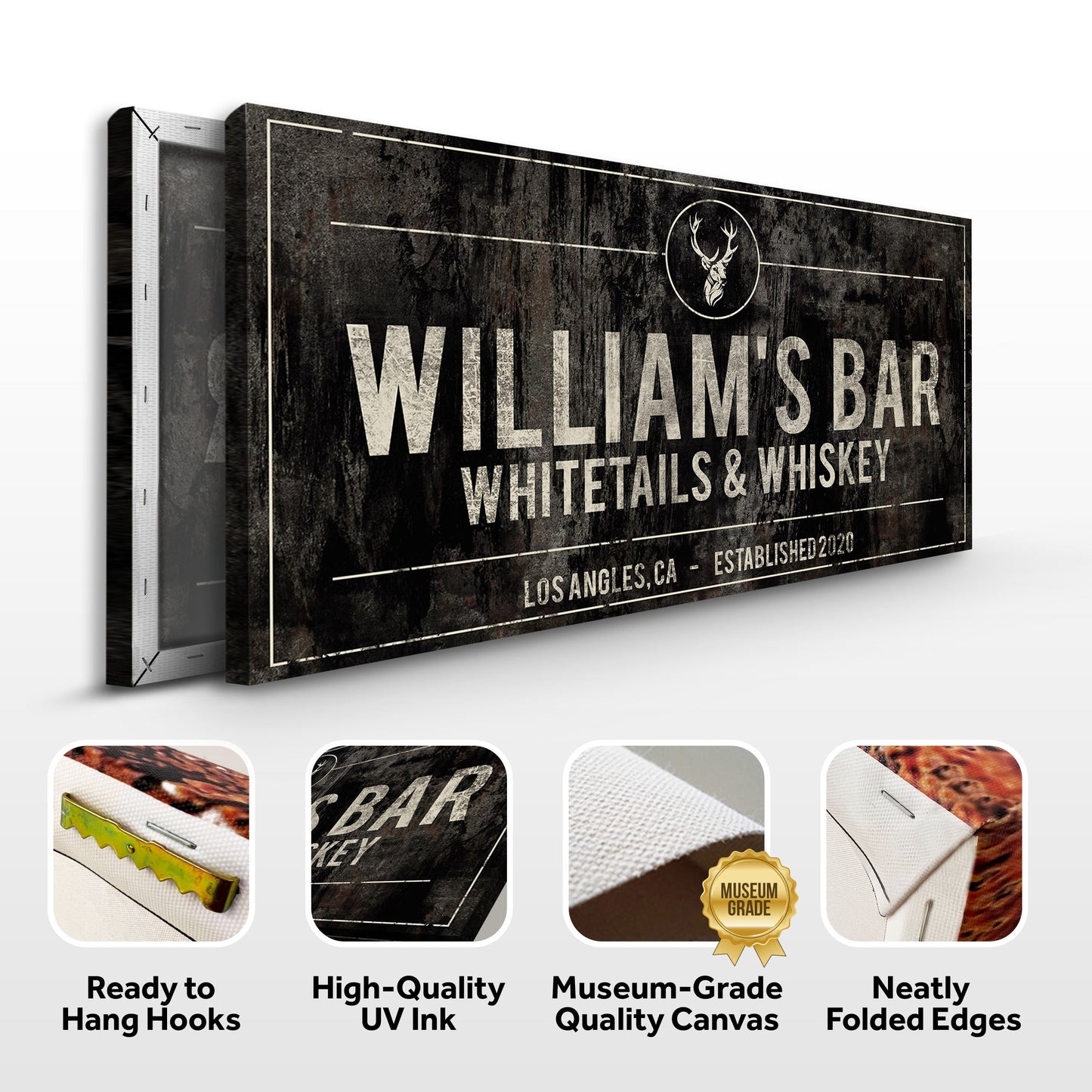 Whitetails and Whiskey Sign Personalized Canvas Wall Art